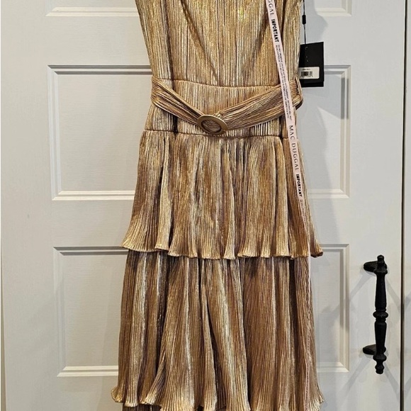 Mac Duggal Gold Ruffle Tiered Midi Dress 14 - Picture 4 of 6